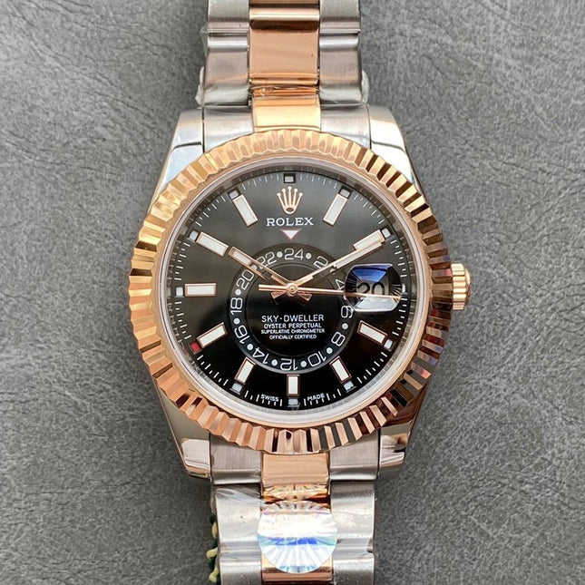 SKY-DWELLER TWO-TONE 42 ROSE GOLD BEZEL BLACK DIAL