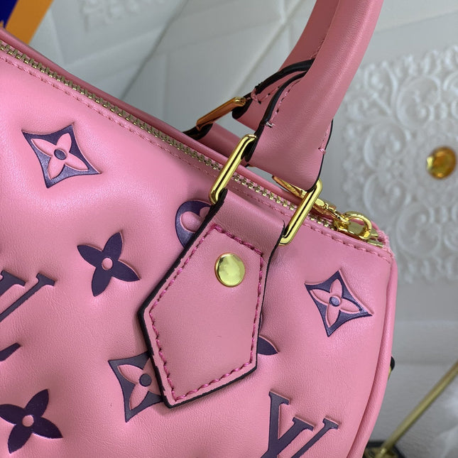 SPEEDY 22 PINK BLACK MONOGRAM EMBOSSED LAMBSKIN