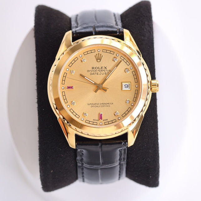 DATEJUST 40MM SMOOTH BEZEL GOLD CASE BLACK LEATHER
