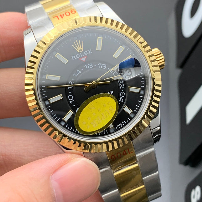 SKY DWELLER GOLD STEEL BLACK DIAL