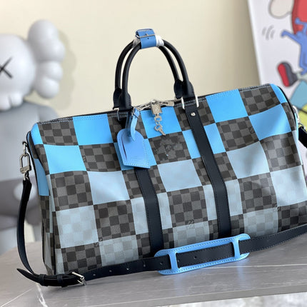 KEEPALL 50 BANDOULIERE BLUE DAMIER GRAPHITE