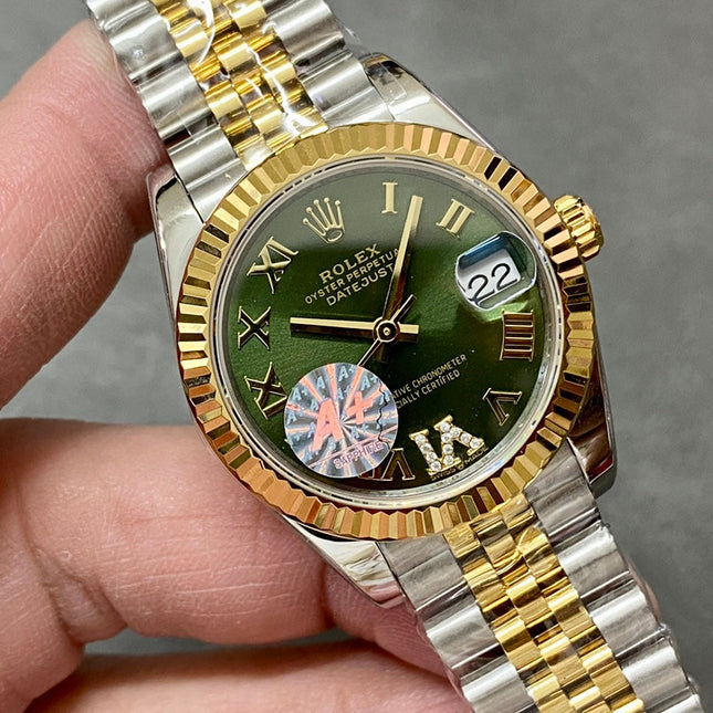 DATEJUST 31MM GOLD STEEL DIAMOND NUMERALS GREEN DIAL