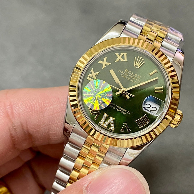 DATEJUST 31MM GOLD STEEL DIAMOND NUMERALS GREEN DIAL