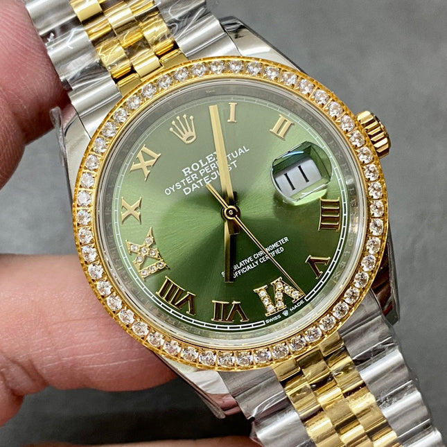 DATEJUST 31MM GOLD STEEL DIAMOND BEZEL GREEN DIAL