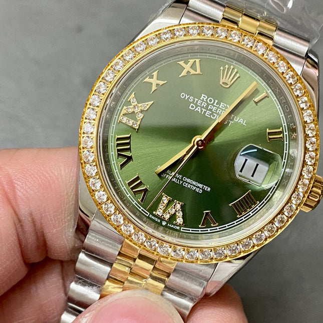 DATEJUST 31MM GOLD STEEL DIAMOND BEZEL GREEN DIAL