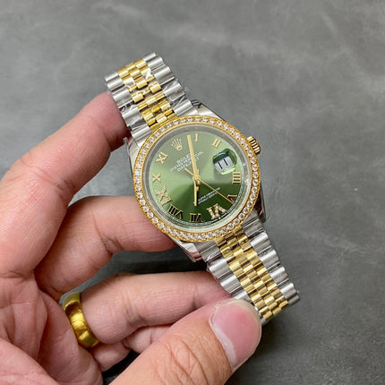 DATEJUST 31MM GOLD STEEL DIAMOND BEZEL GREEN DIAL