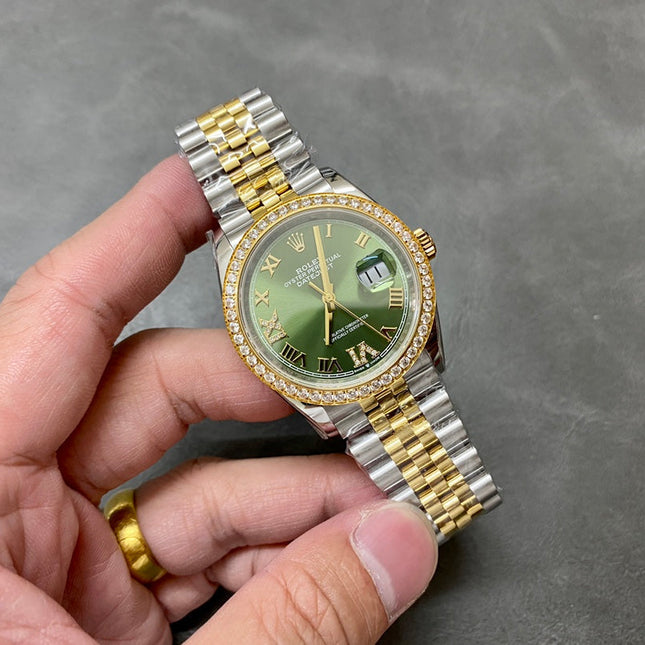 DATEJUST 31MM GOLD STEEL DIAMOND BEZEL GREEN DIAL