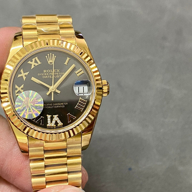 DATEJUST 31MM GOLD DIAMOND NUMERALS BLACK DIAL