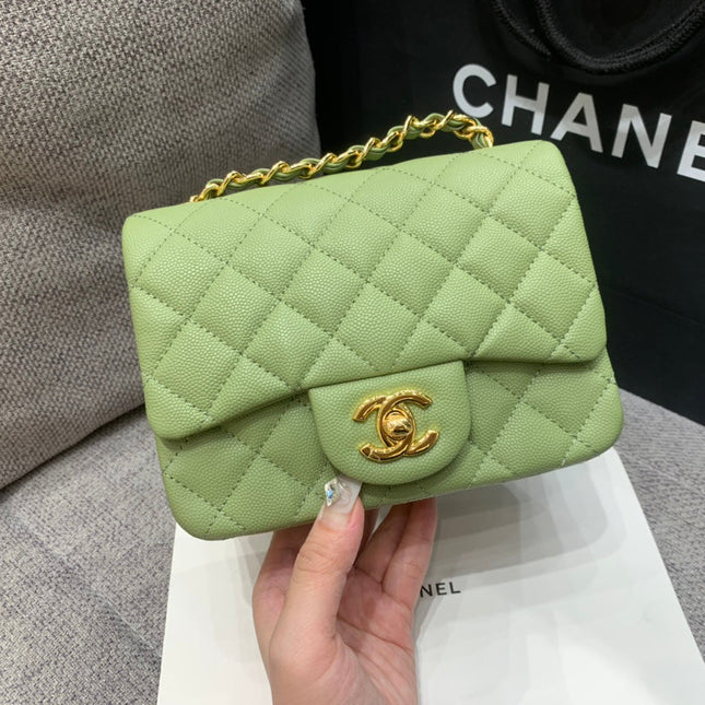 MINI SQUARE FLAP BAG 17CM GREEN CAVIAR GOLD HARDWARE