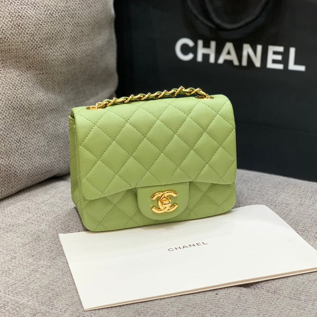 MINI SQUARE FLAP BAG 17CM GREEN CAVIAR GOLD HARDWARE