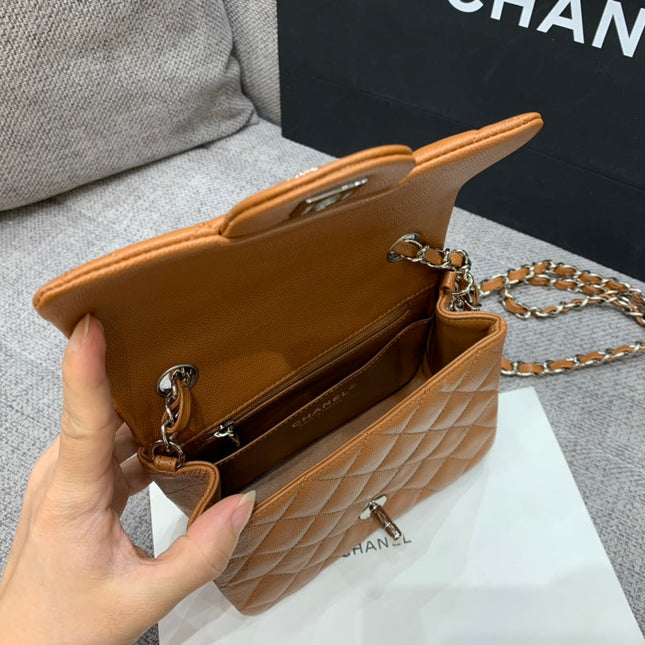 MINI SQUARE FLAP BAG 17CM BROWN CAVIAR SILVER HARDWARE