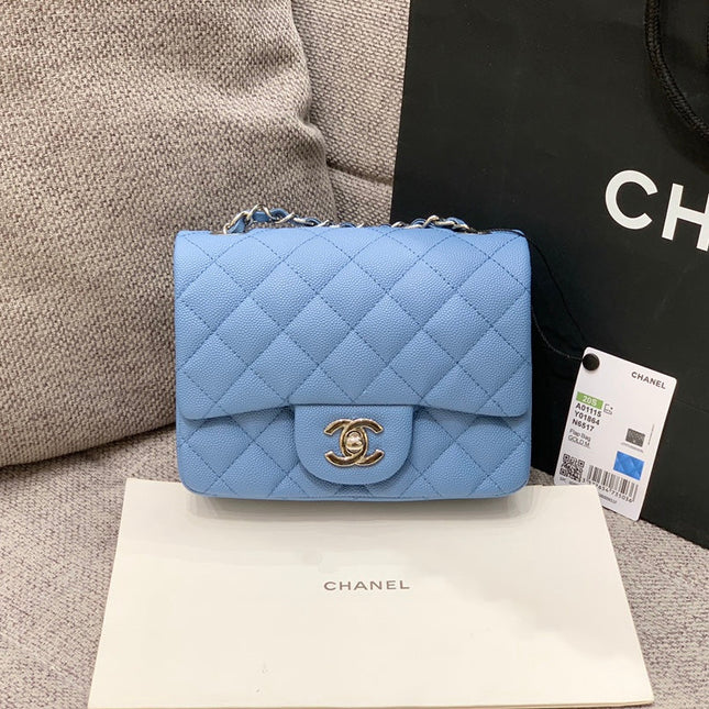 MINI SQUARE FLAP BAG 17CM BLUE CAVIAR SILVER HARDWARE