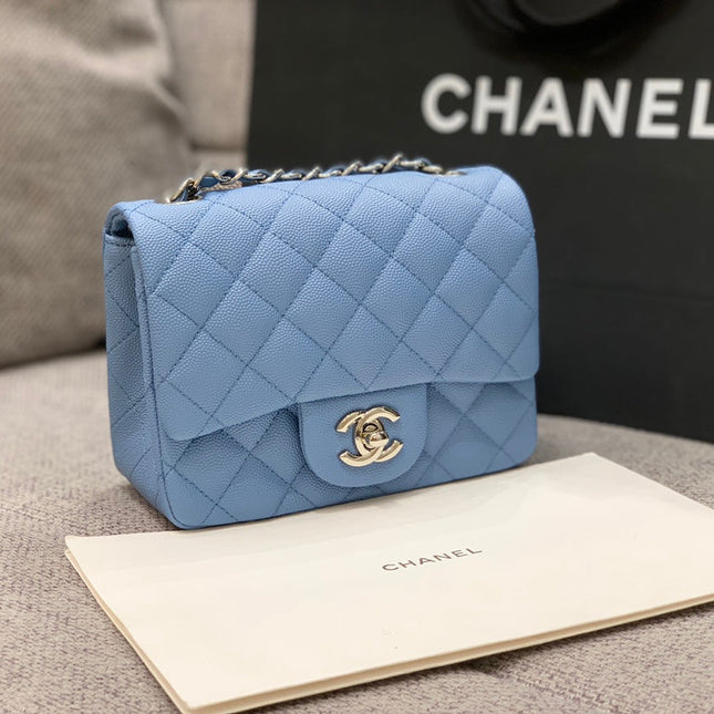 MINI SQUARE FLAP BAG 17CM BLUE CAVIAR SILVER HARDWARE