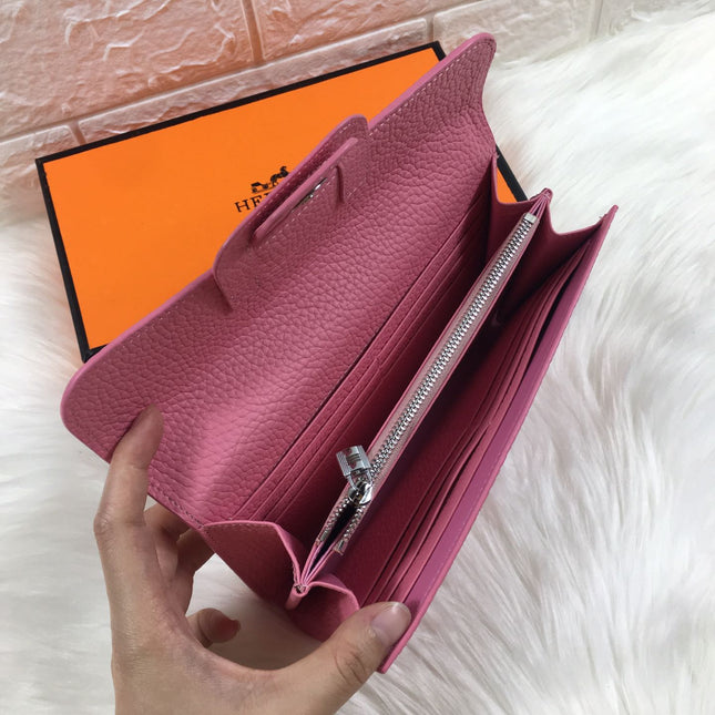 HM SNAP LOCK WALLET 19.5 FLAMINGO PINK GRAINED CALFSKIN