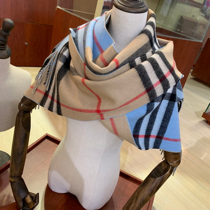 LONG SCARF 250 CM IN SKY BLUE AND BEIGE CASHMERE 410472