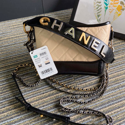 CC MEDIUM 20 HOBO BAG IN BEIGE CREAM MIX BLACK CALFSKIN WITH STRAP