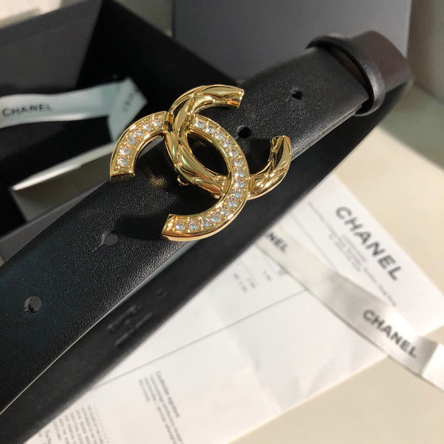CC BELT 30 MM IN BLACK CALFSKIN WITH GOLD BUCKLE HARDWARE ATTACH RHINSTONES