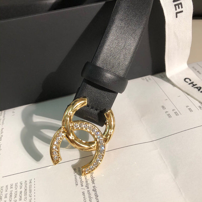 CC BELT 30 MM IN BLACK CALFSKIN WITH GOLD BUCKLE HARDWARE ATTACH RHINSTONES
