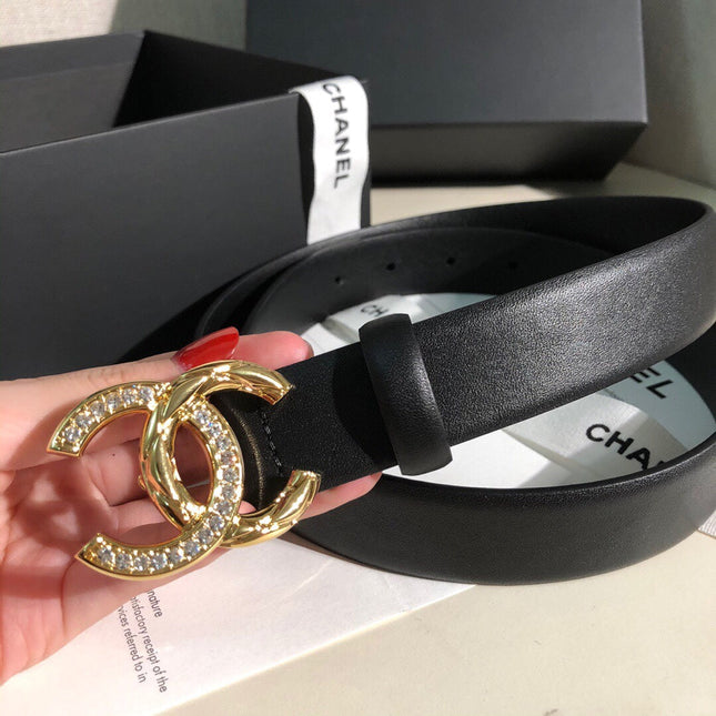 CC BELT 30 MM IN BLACK CALFSKIN WITH GOLD BUCKLE HARDWARE ATTACH RHINSTONES