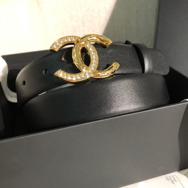 CC BELT 30 MM IN BLACK CALFSKIN WITH GOLD BUCKLE HARDWARE ATTACH RHINSTONES