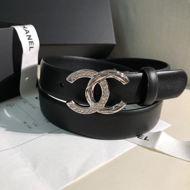 CC BELT 30 MM IN BLACK CALFSKIN WITH SILVER BUCKLE HARDWARE ATTACH RHINSTONES