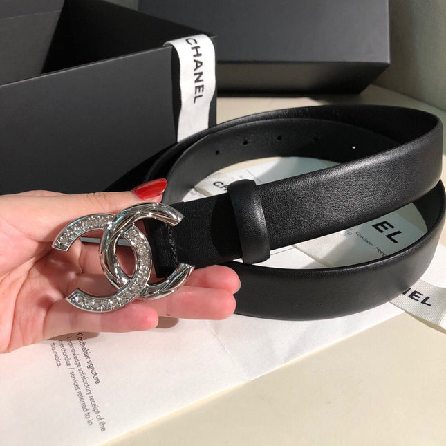 CC BELT 30 MM IN BLACK CALFSKIN WITH SILVER BUCKLE HARDWARE ATTACH RHINSTONES