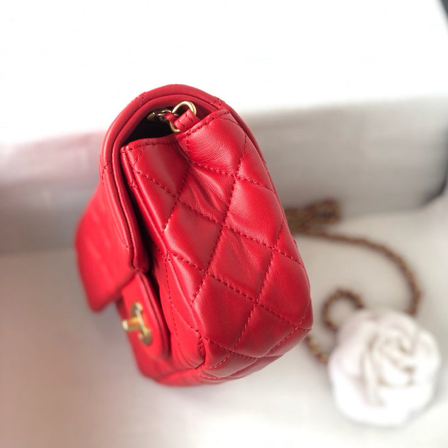 MINI RECTANGLE CLASSIC FLAP BAG 20CM RED LAMBSKIN GOLD HARDWARE