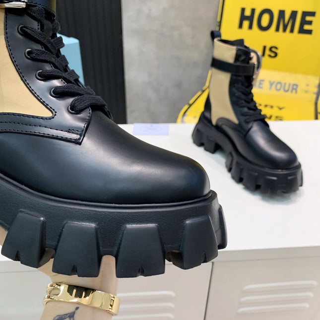 PRADA 25S MONOLITH BRUSHED AND RE NYLON BOOTS WITH POUCH BLACK AND MUTED OLIVE