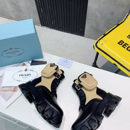 PRADA 25S MONOLITH BRUSHED AND RE NYLON BOOTS WITH POUCH BLACK AND MUTED OLIVE