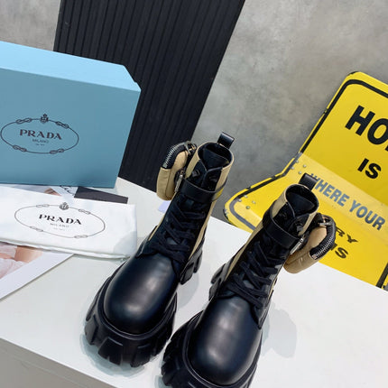 PRADA 25S MONOLITH BRUSHED AND RE NYLON BOOTS WITH POUCH BLACK AND MUTED OLIVE