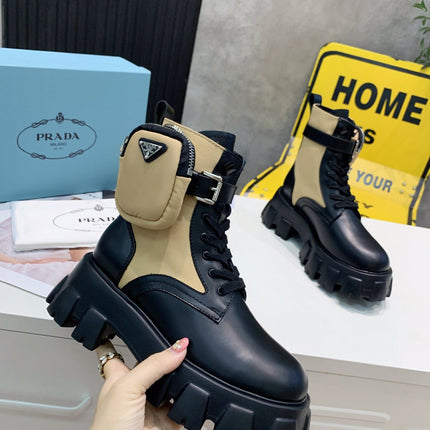 PRADA 25S MONOLITH BRUSHED AND RE NYLON BOOTS WITH POUCH BLACK AND MUTED OLIVE