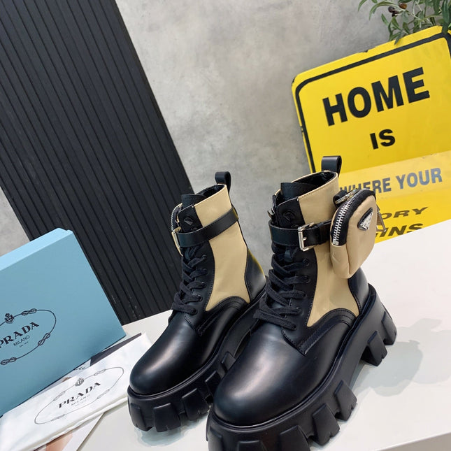 PRADA 25S MONOLITH BRUSHED AND RE NYLON BOOTS WITH POUCH BLACK AND MUTED OLIVE