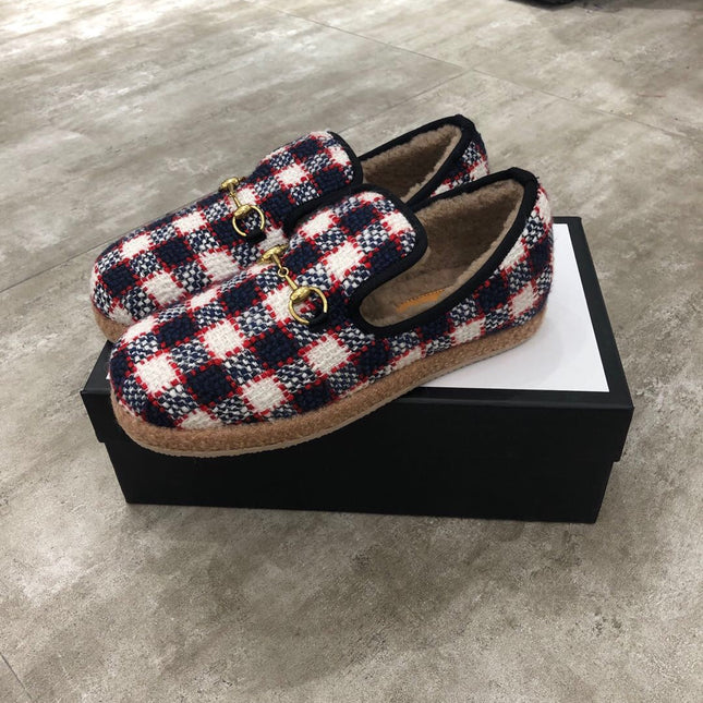 GG HORSEBIT LOAFER IN COLORFUL TWEED AND LAMB FUR LINING