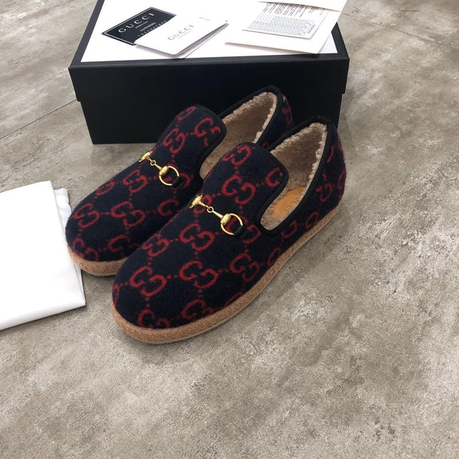 GG HORSEBIT LOAFER IN BLACK MIX RED WOOL AND LAMB FUR LINING