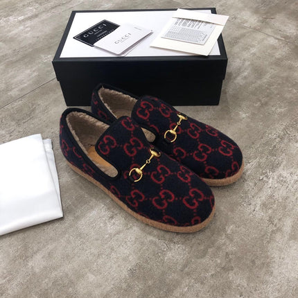 GG HORSEBIT LOAFER IN BLACK MIX RED WOOL AND LAMB FUR LINING