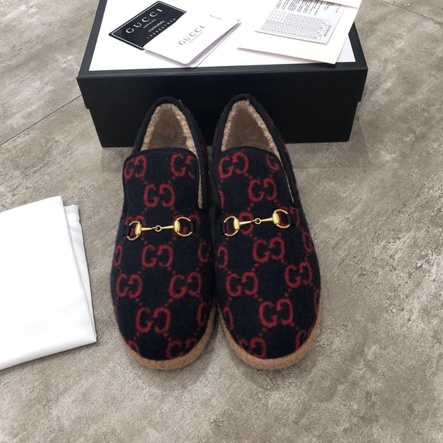 GG HORSEBIT LOAFER IN BLACK MIX RED WOOL AND LAMB FUR LINING
