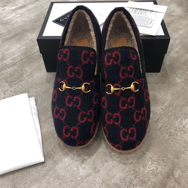 GG HORSEBIT LOAFER IN BLACK MIX RED WOOL AND LAMB FUR LINING