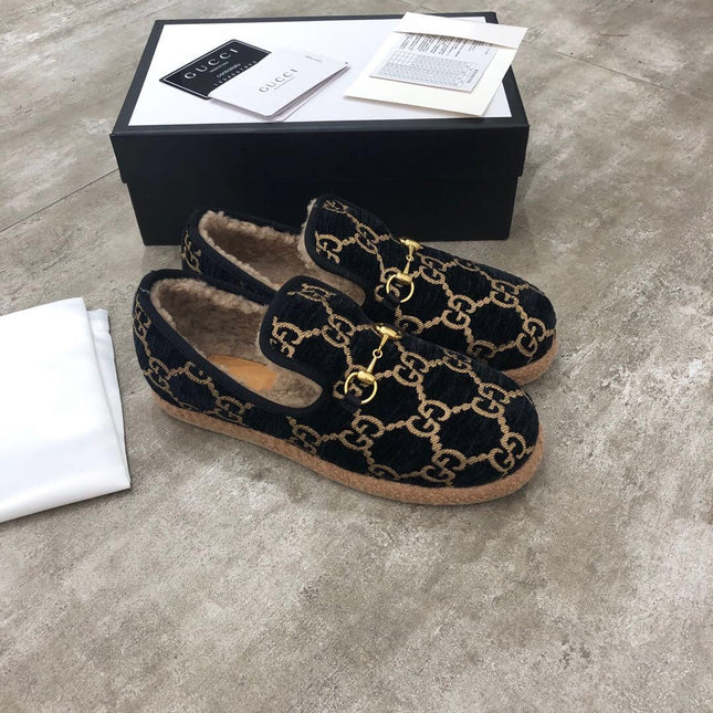 GG HORSEBIT LOAFER IN BLACK MIX YELLOW WOOL AND LAMB FUR LINING