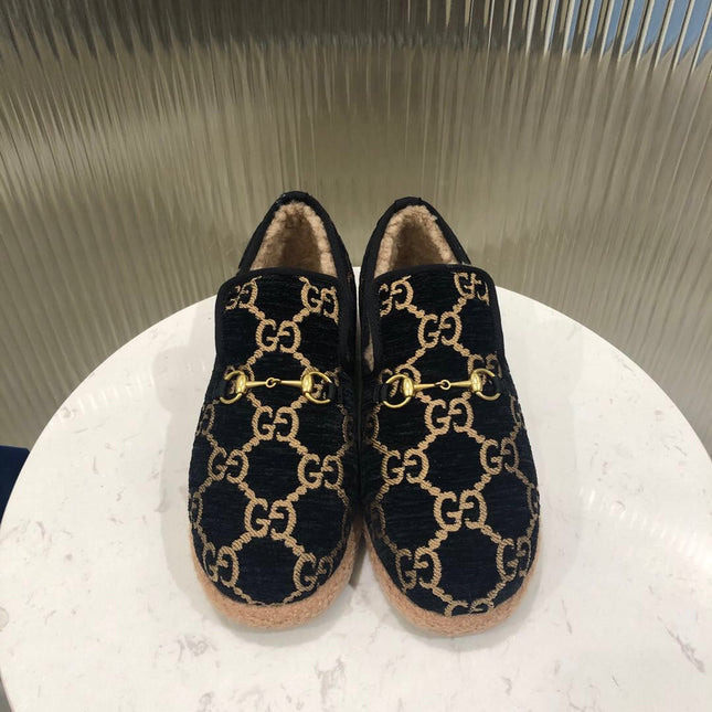GG HORSEBIT LOAFER IN BLACK MIX YELLOW WOOL AND LAMB FUR LINING