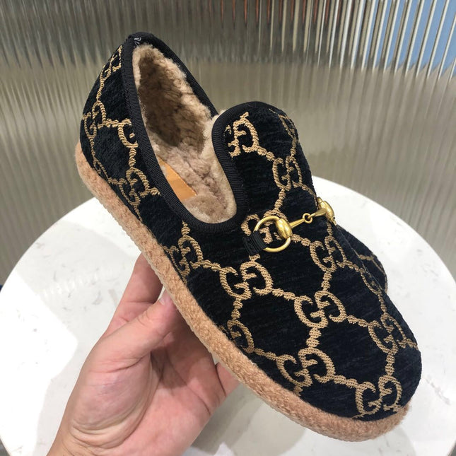 GG HORSEBIT LOAFER IN BLACK MIX YELLOW WOOL AND LAMB FUR LINING