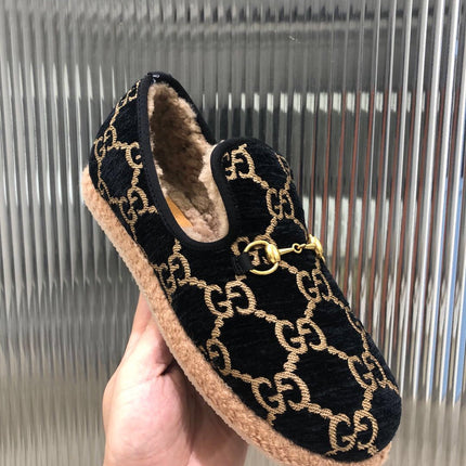 GG HORSEBIT LOAFER IN BLACK MIX YELLOW WOOL AND LAMB FUR LINING