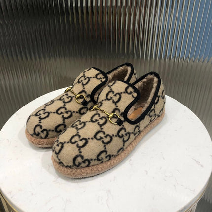 GG HORSEBIT LOAFER IN BEIGE MIX BLACK WOOL AND LAMB FUR LINING