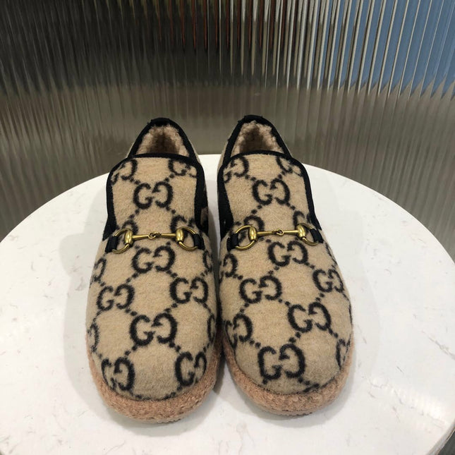 GG HORSEBIT LOAFER IN BEIGE MIX BLACK WOOL AND LAMB FUR LINING