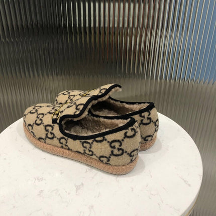 GG HORSEBIT LOAFER IN BEIGE MIX BLACK WOOL AND LAMB FUR LINING