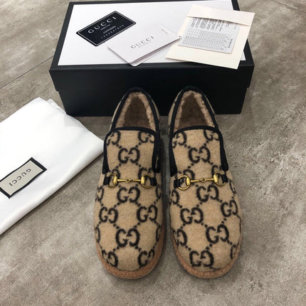 GG HORSEBIT LOAFER IN BEIGE MIX BLACK WOOL AND LAMB FUR LINING