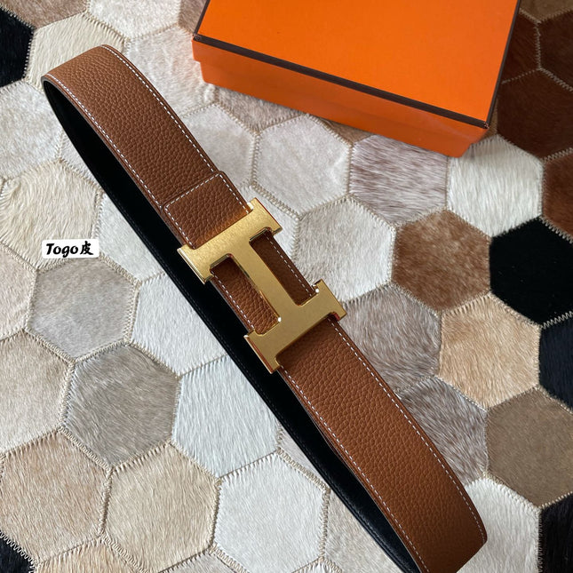 HM CONSTANCE BELT BUCKLE & REVERSIBLE BRONZE BROWN LEATHER STRAP 38MM GOLD HARDWARE