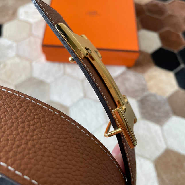 HM CONSTANCE BELT BUCKLE & REVERSIBLE BRONZE BROWN LEATHER STRAP 38MM GOLD HARDWARE
