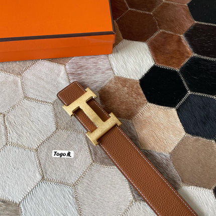 HM CONSTANCE BELT BUCKLE & REVERSIBLE BRONZE BROWN LEATHER STRAP 38MM GOLD HARDWARE