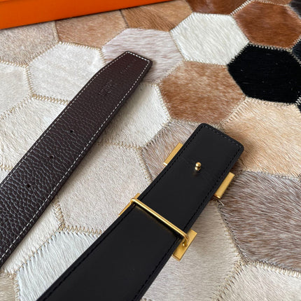 HM CONSTANCE BELT BUCKLE & REVERSIBLE CHOCOLATE BROWN LEATHER STRAP 38MM GOLD HARDWARE