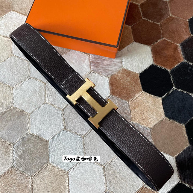 HM CONSTANCE BELT BUCKLE & REVERSIBLE CHOCOLATE BROWN LEATHER STRAP 38MM GOLD HARDWARE